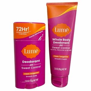 {Set of 2} LUME Whole Body Deodorant CLEAN TANGERINE Cream & Solid Stick  NEW